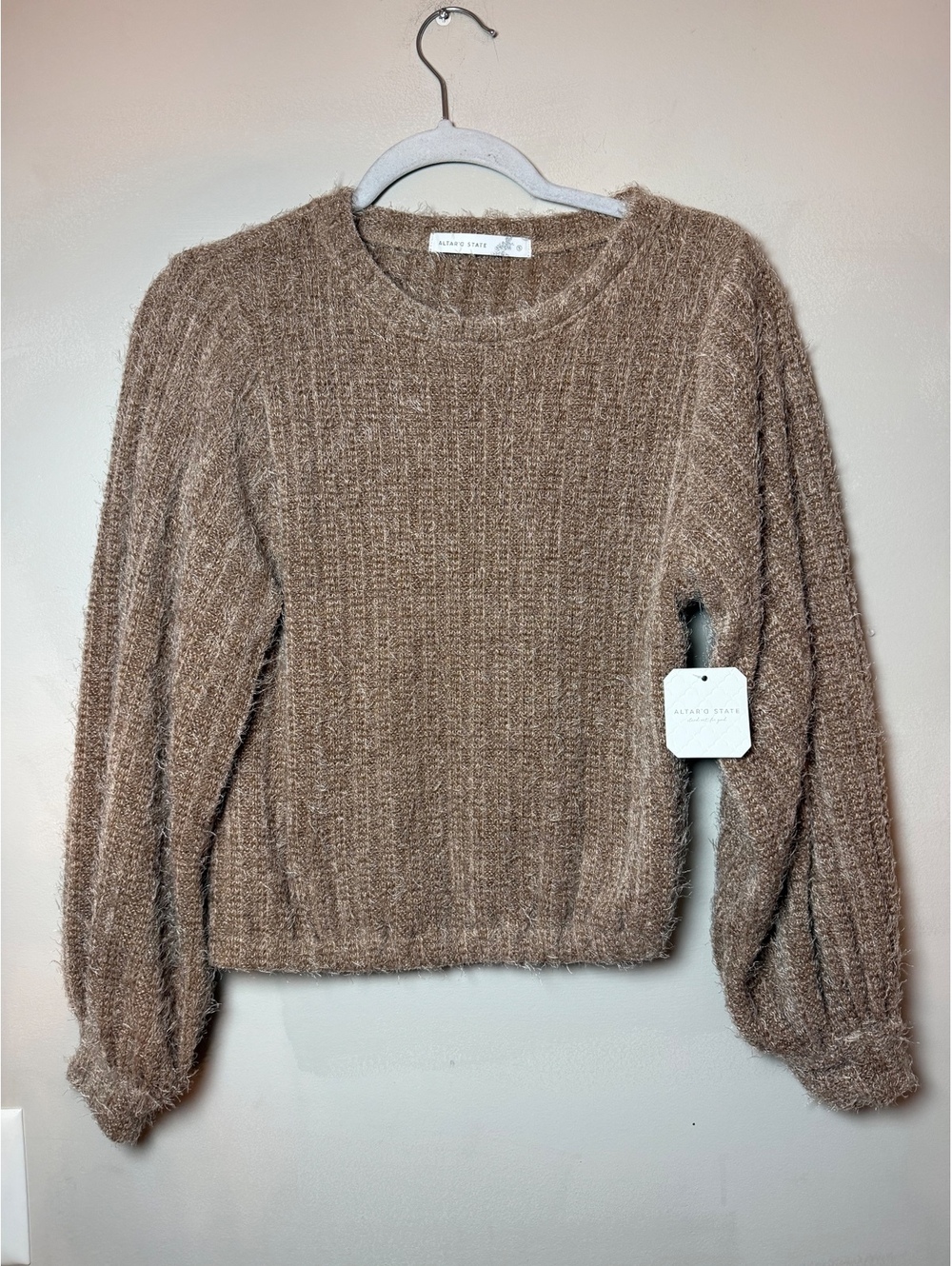 Altar'd State Women's Size S Brown Fuzzy Knit Sweater. Balloon Sleeves. NWT